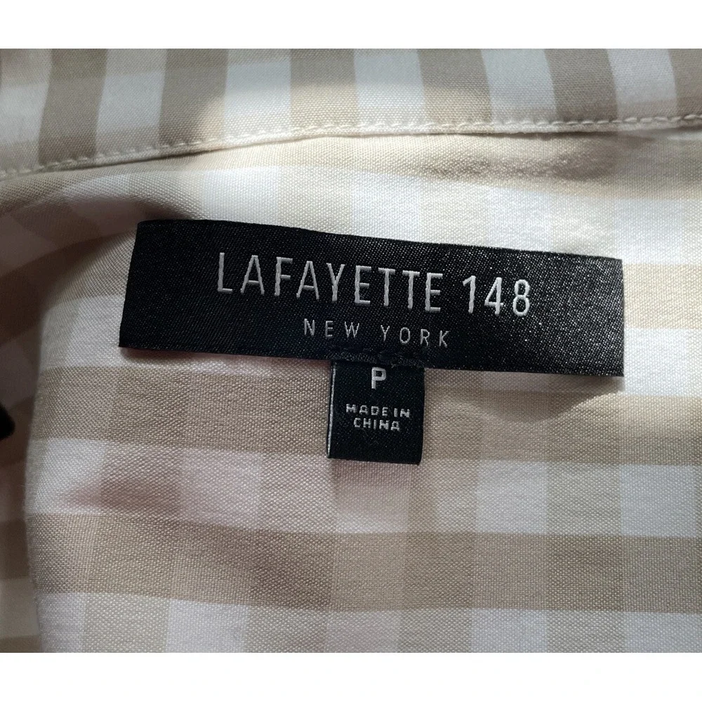 Lafayette 148 Small Button Down Shirt Blouse Tan Gingham Check 3/4 Sleeve Preppy - Picture 3 of 6